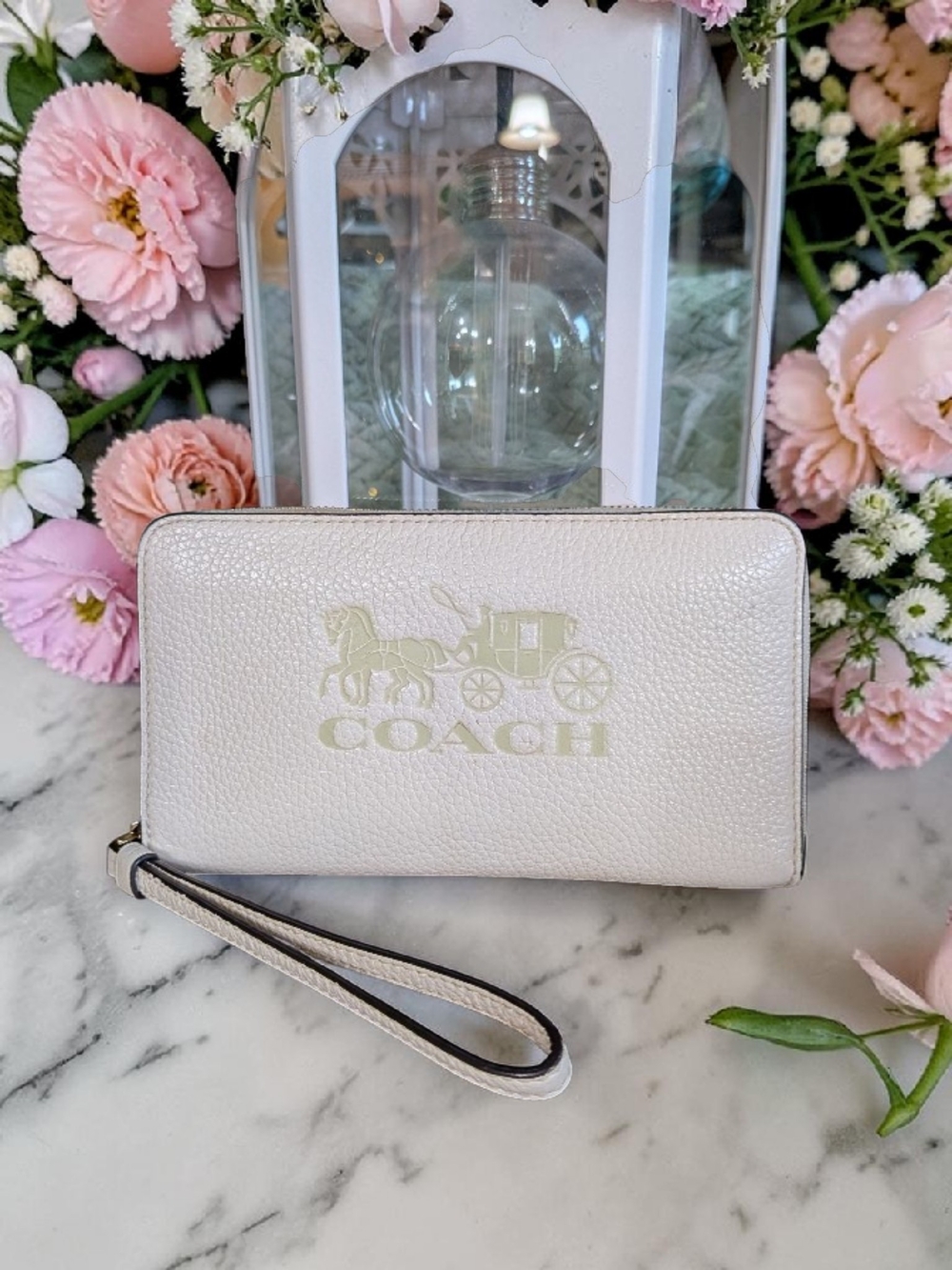 COACH Pebble Leather Zip Wristlet Wallet in Light Beige
